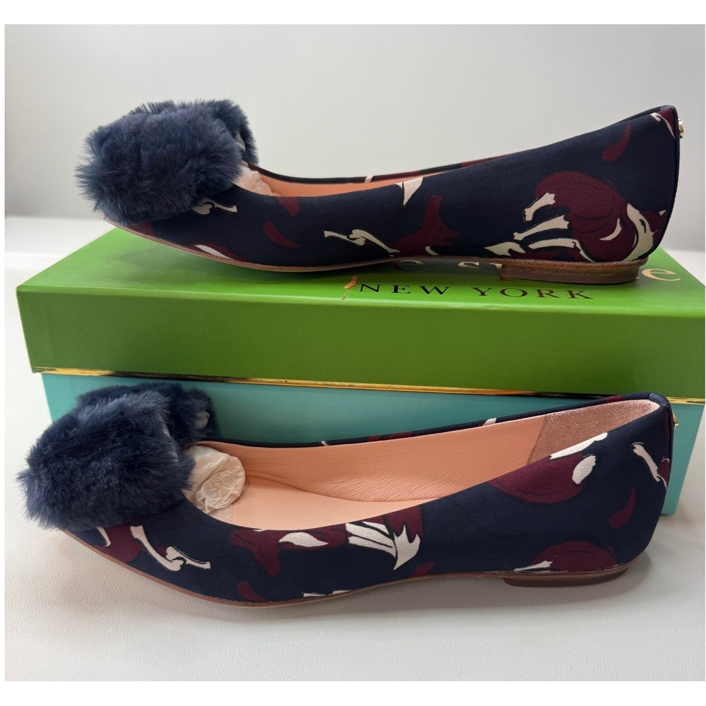 Kate Spade Elen Fox Glen Fabric Navy Pom Pom Pointed Toe Flats 7.5M NEW